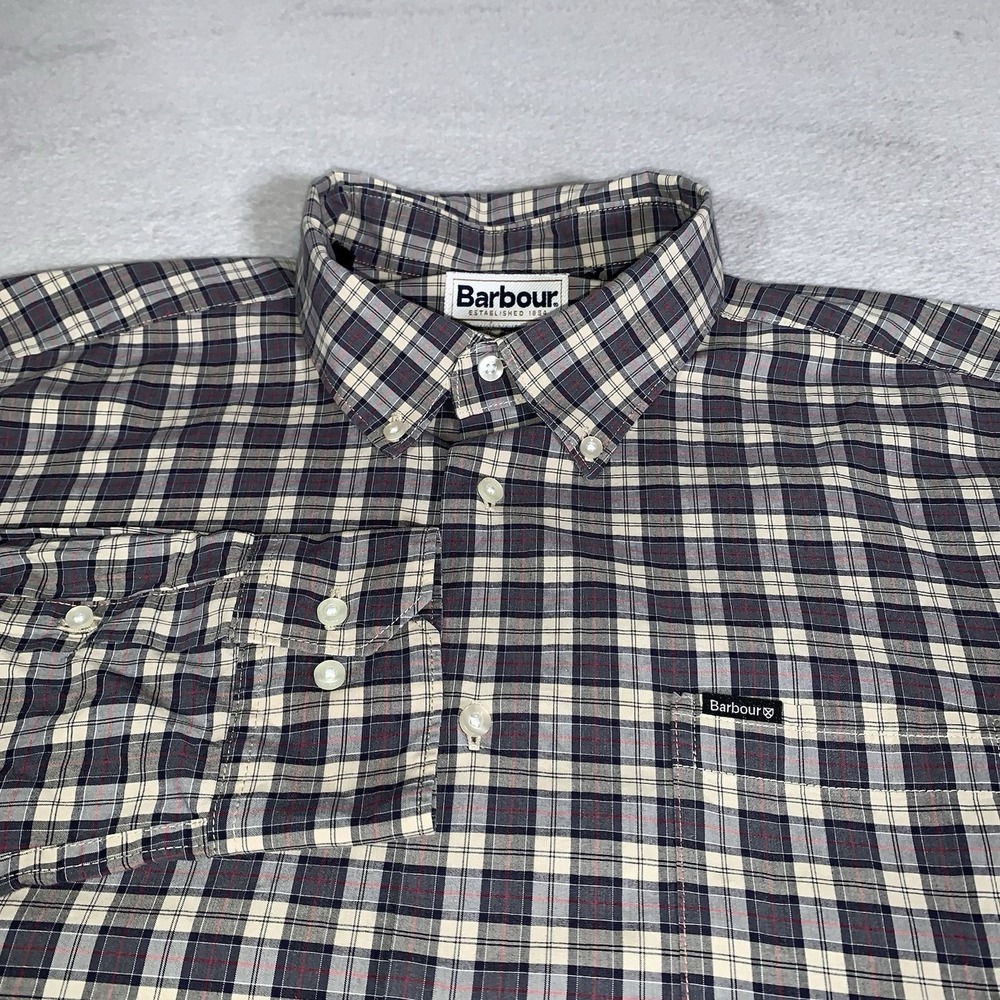 Barbour Lomond Tartan Shirt XL Gray Beige Tailored Fit Button Up Collar Casual